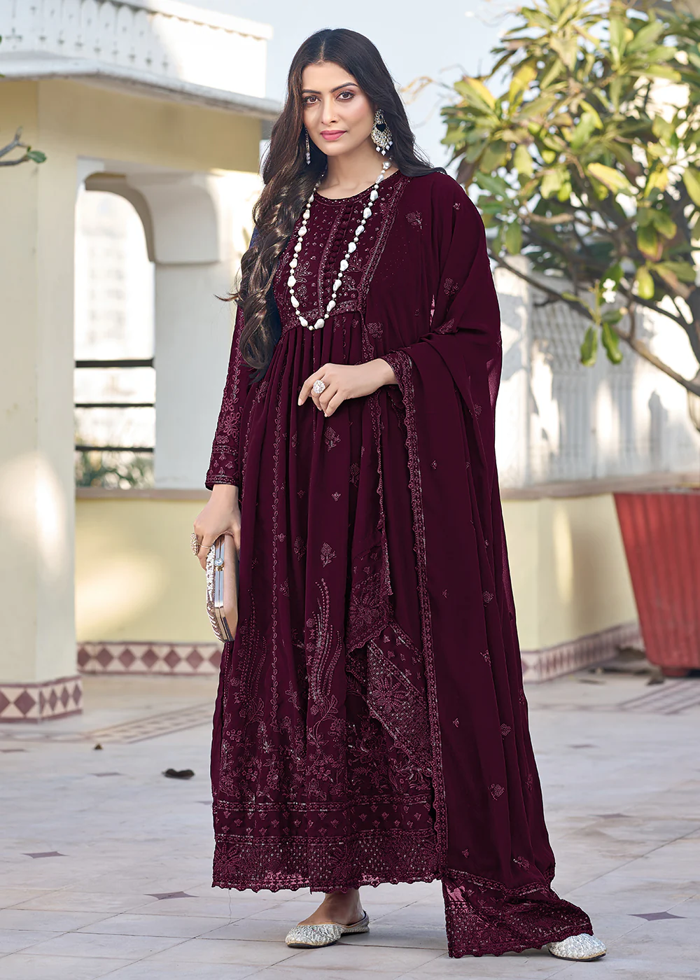 Wine Georgette Embroidered Frock Style Salwar Suit