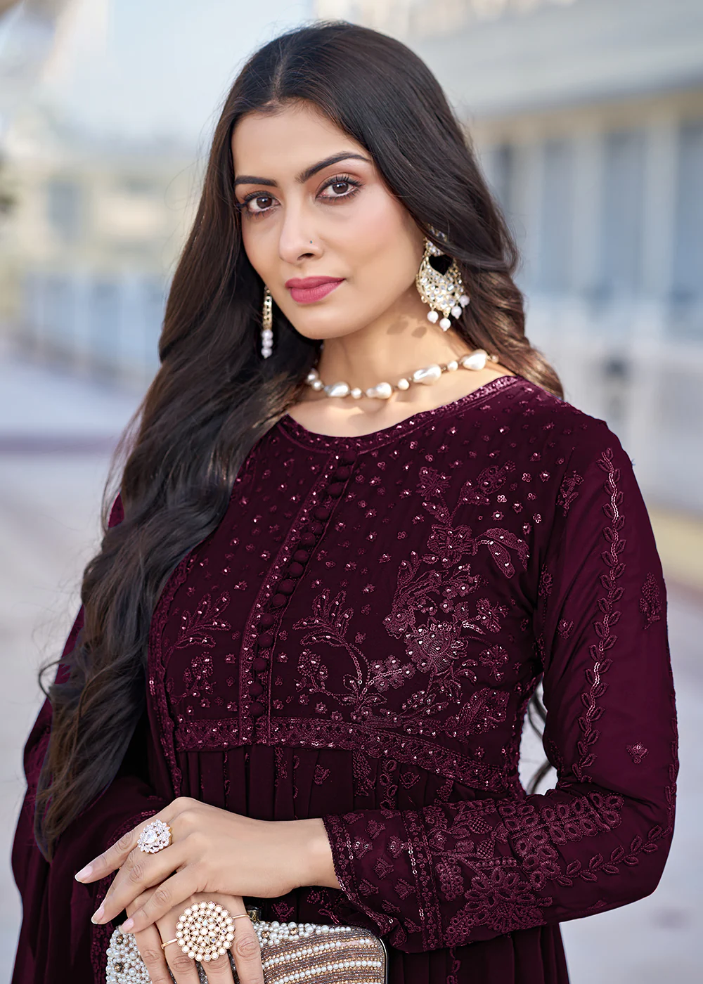 Wine Georgette Embroidered Frock Style Salwar Suit - Image 2