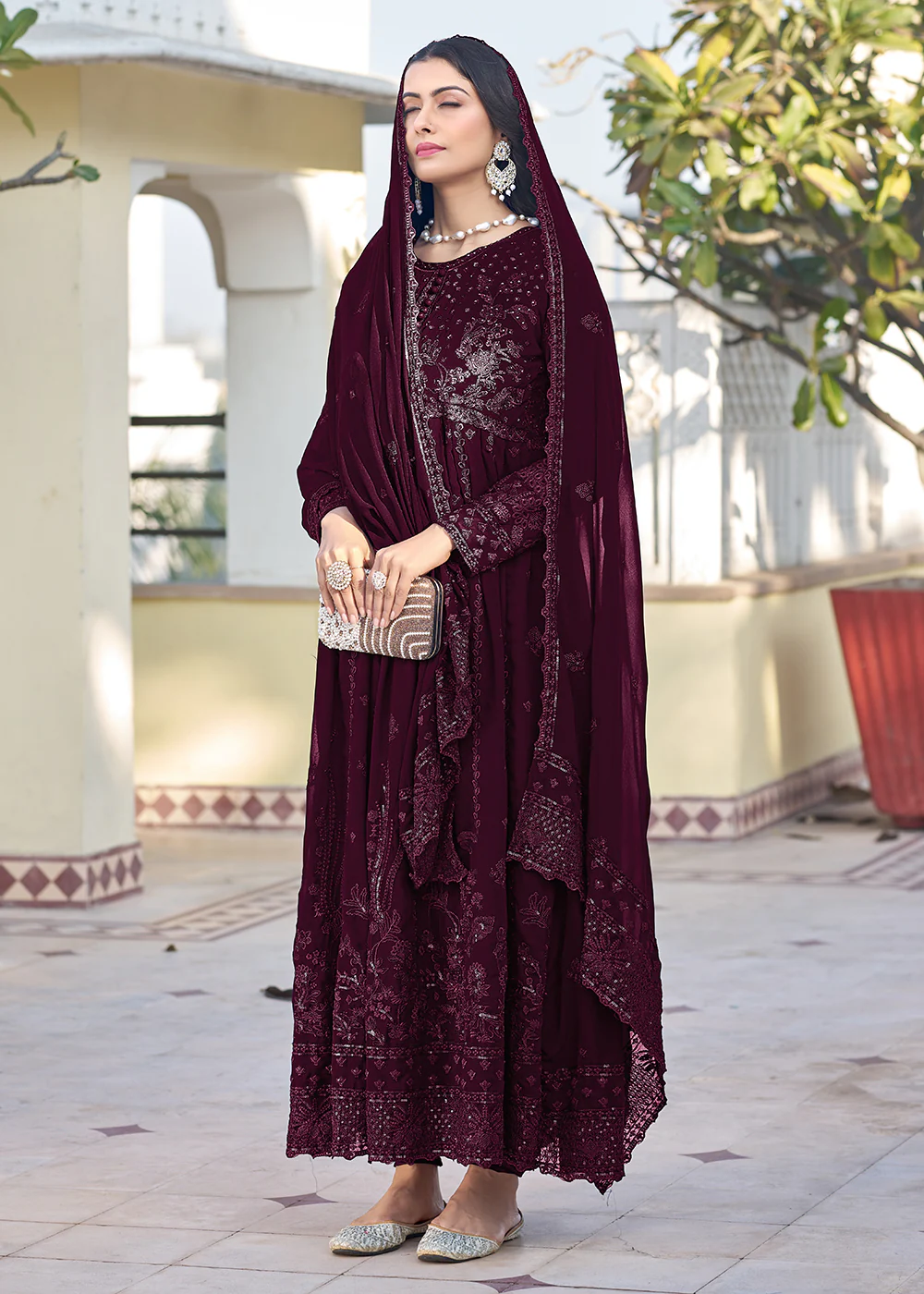 Wine Georgette Embroidered Frock Style Salwar Suit - Image 3