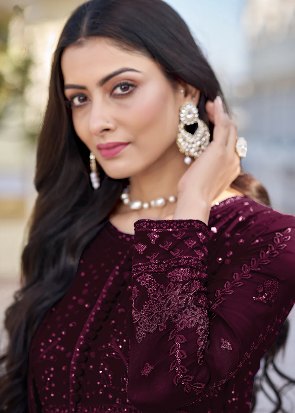 Wine Georgette Embroidered Frock Style Salwar Suit - Image 4