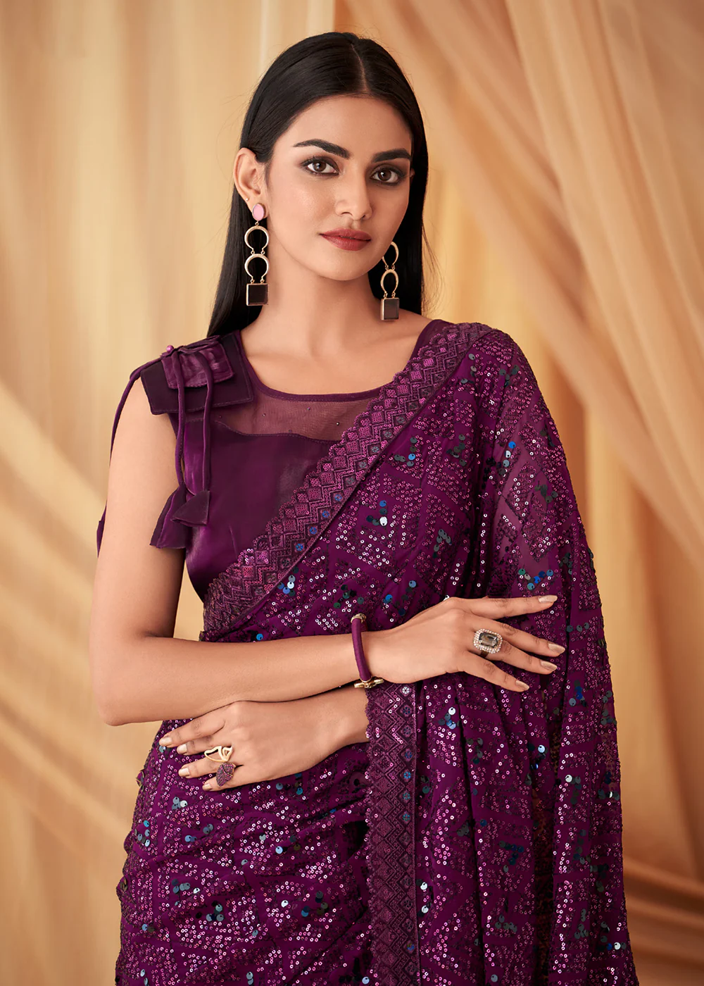 Wine Georgette Silk Embroidered Festive Party Saree - Image 2