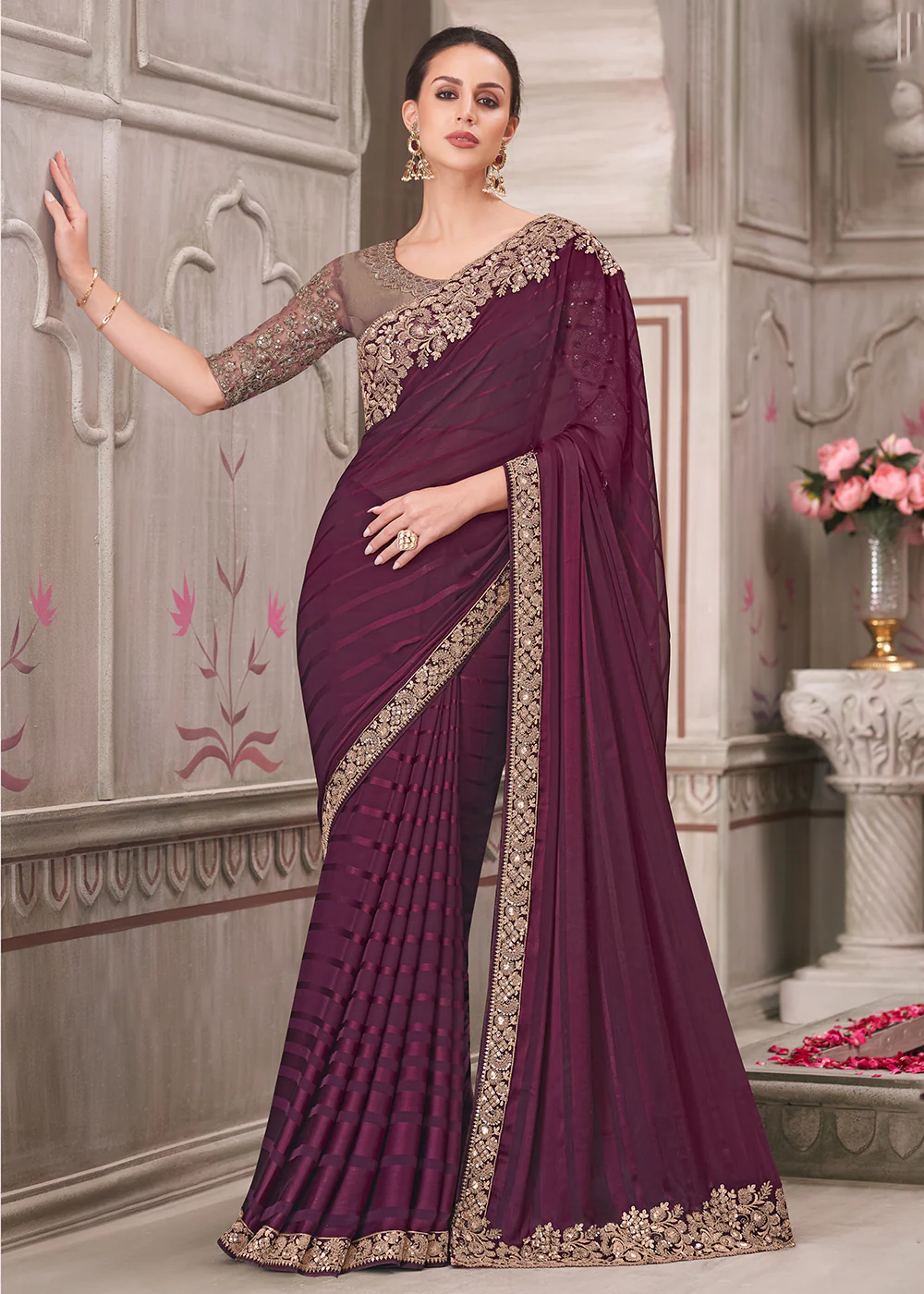 Wine Georgette Silk Embroidered Wedding Wear Saree