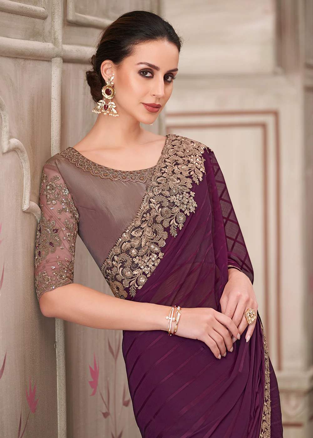 Wine Georgette Silk Embroidered Wedding Wear Saree - Image 2