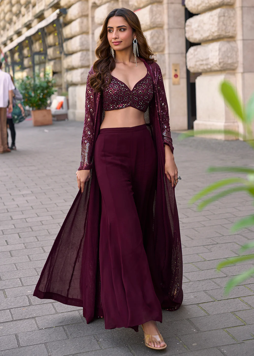Wine Jacket & Crop Top Style Indo Western Suit