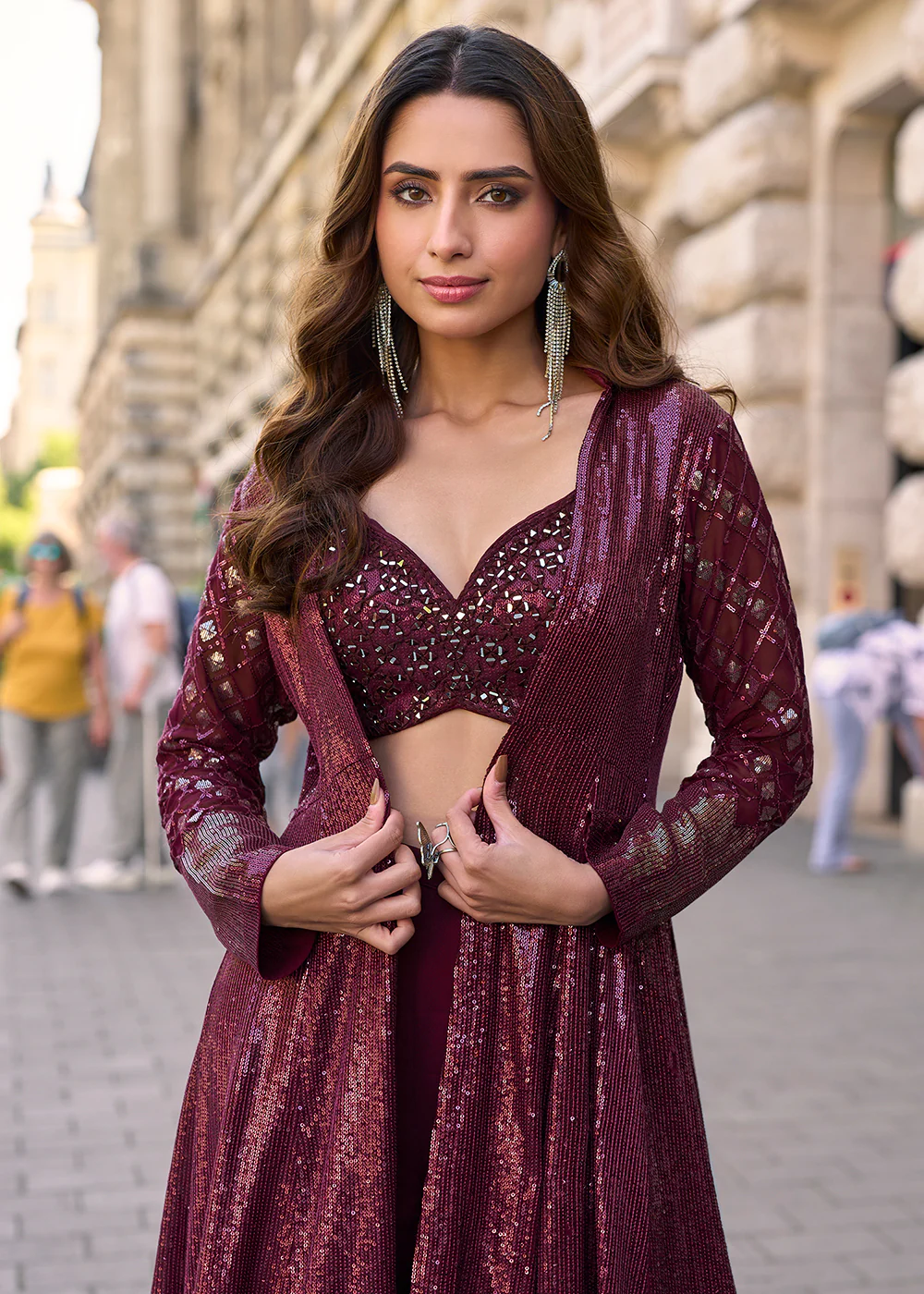 Wine Jacket & Crop Top Style Indo Western Suit - Image 2