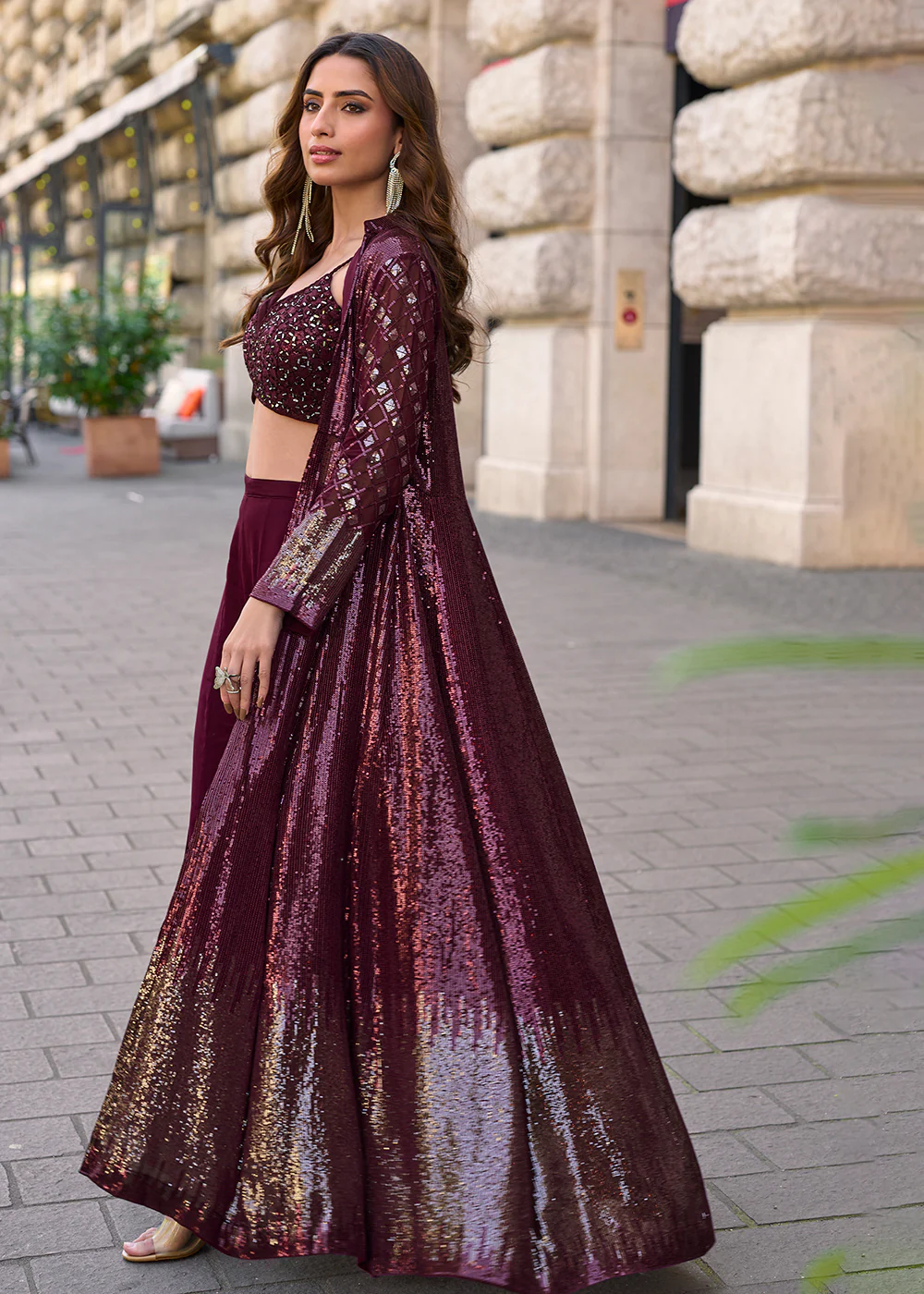 Wine Jacket & Crop Top Style Indo Western Suit - Image 3