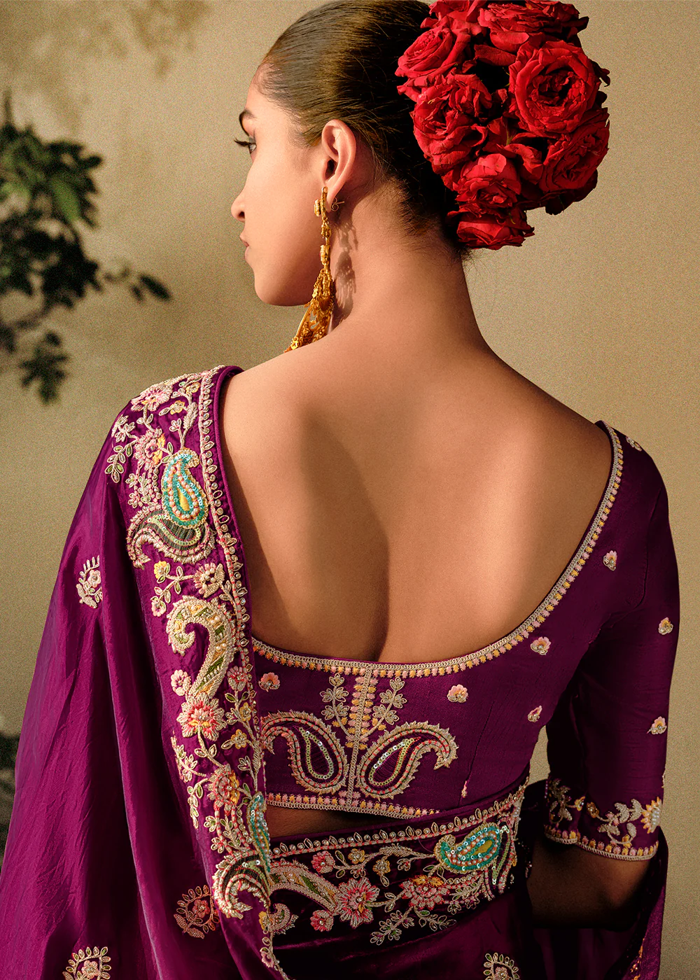 Wine Khatli Work Embroidered Designer Wedding Saree - Image 3