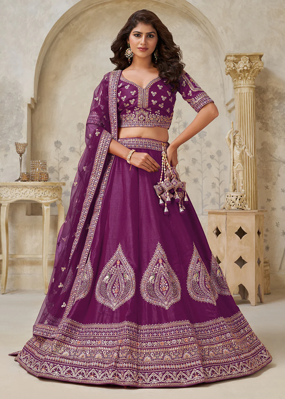 Wine Leaf Motifs Embroidered Wedding Lehenga Choli