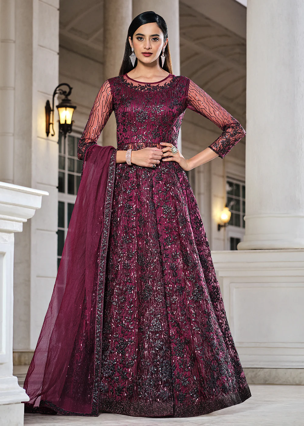 Wine Lehenga/Pant Style Embroidered Designer Anarkali Suit