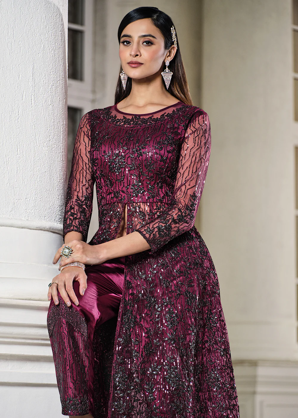 Wine Lehenga/Pant Style Embroidered Designer Anarkali Suit - Image 2