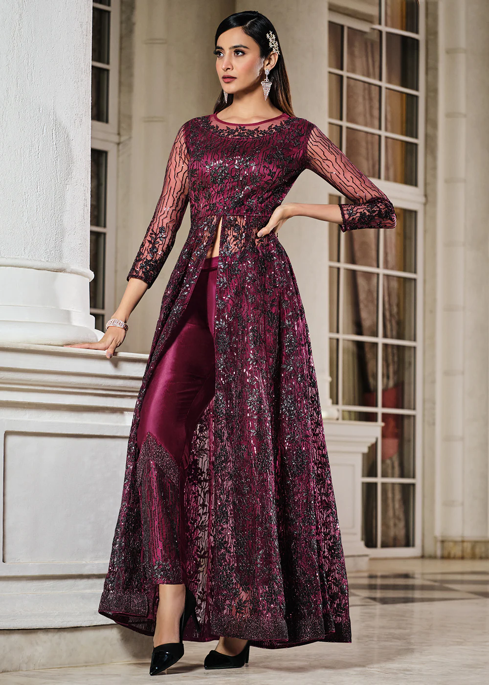 Wine Lehenga/Pant Style Embroidered Designer Anarkali Suit - Image 3