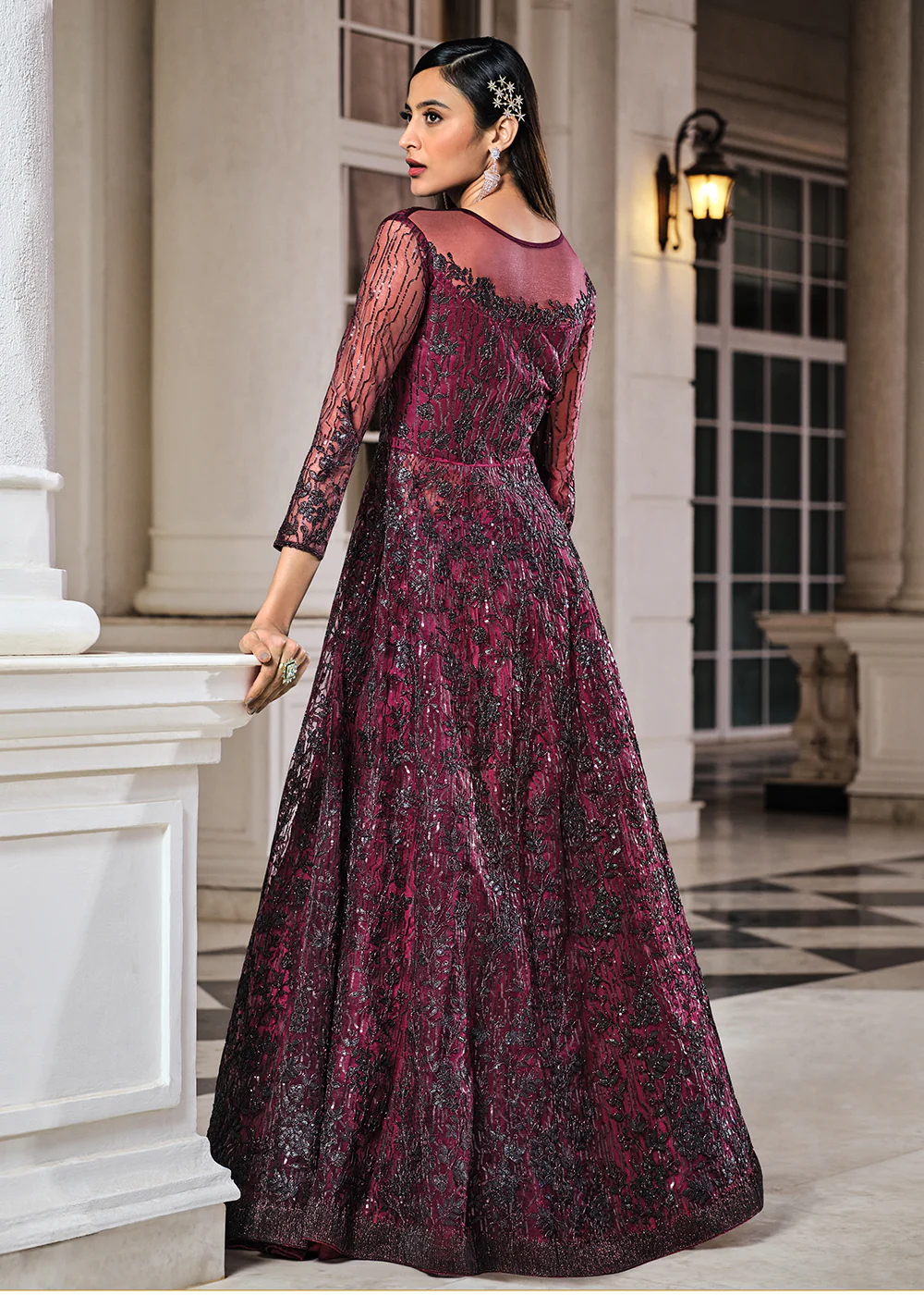Wine Lehenga/Pant Style Embroidered Designer Anarkali Suit - Image 4