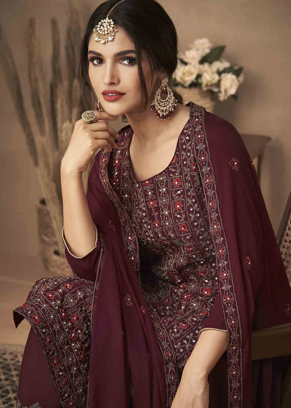 Wine Maroon Cording & Swarovski Embroidered Trendy Salwar Suit - Image 2