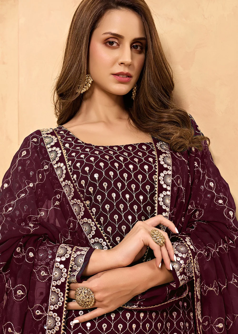 Wine Maroon Party Style Designer Sharara Suit - Image 2
