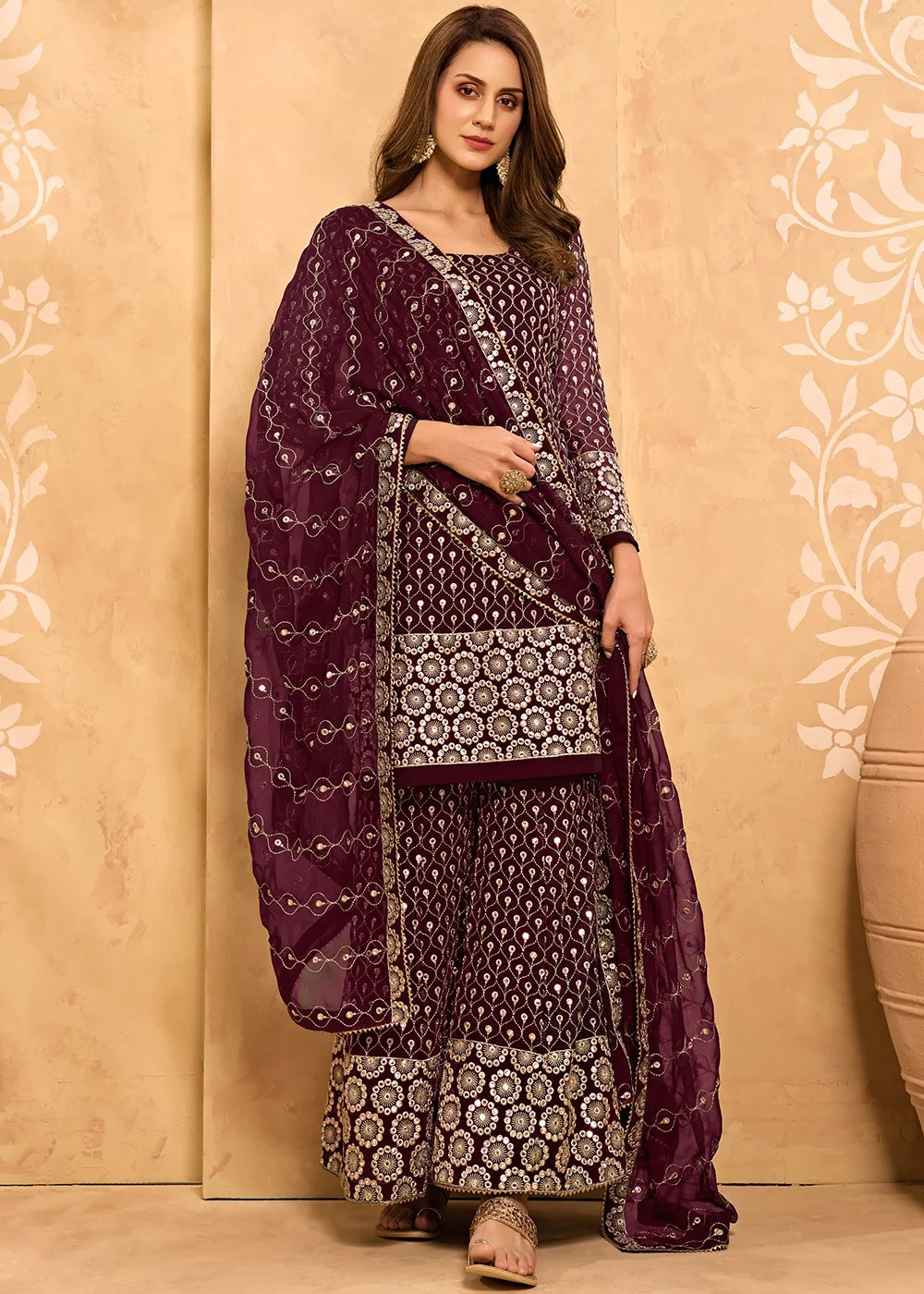 Wine Maroon Party Style Designer Sharara Suit - Image 3