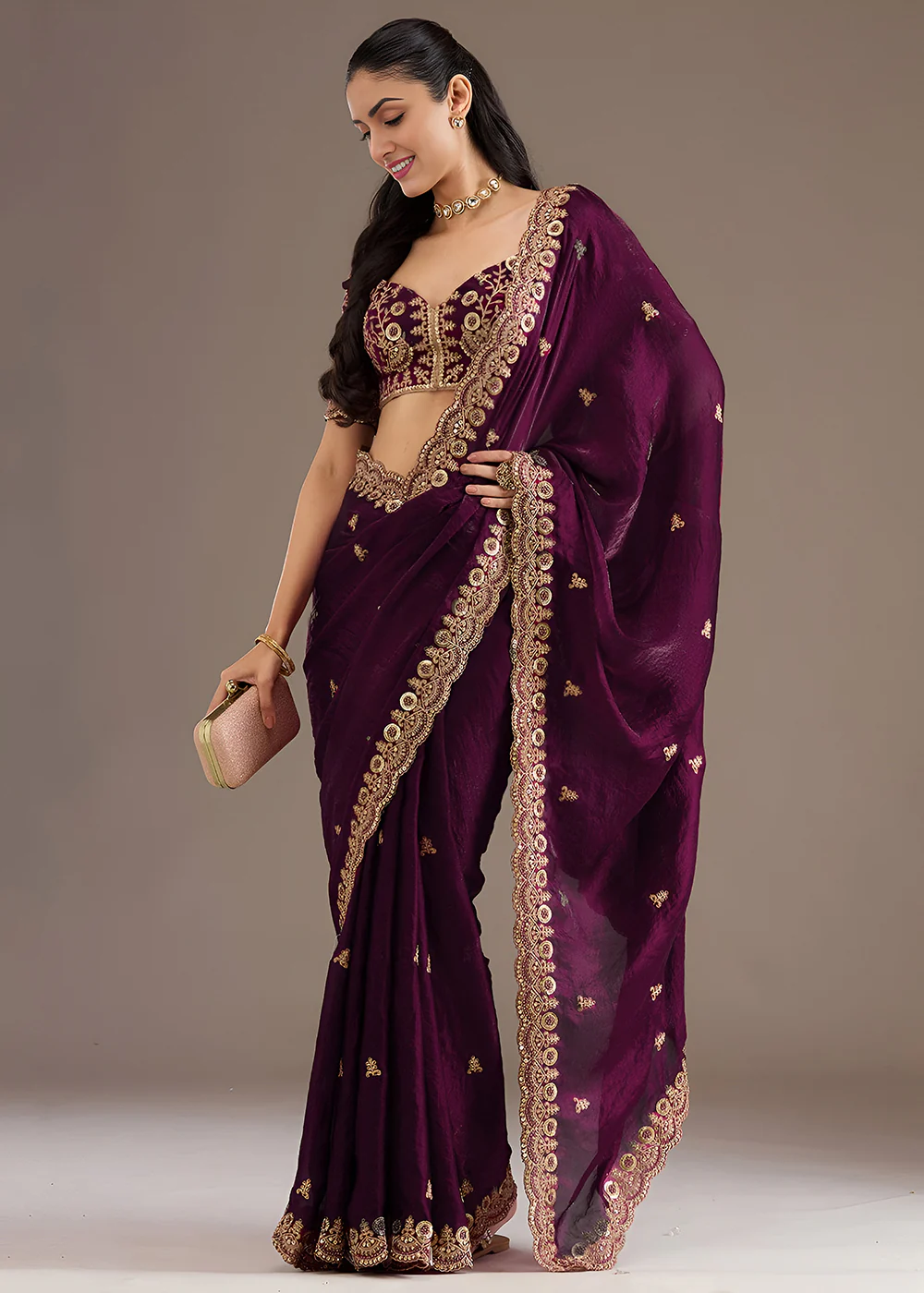 Wine Multiple Sequins Embroidered Wedding Saree