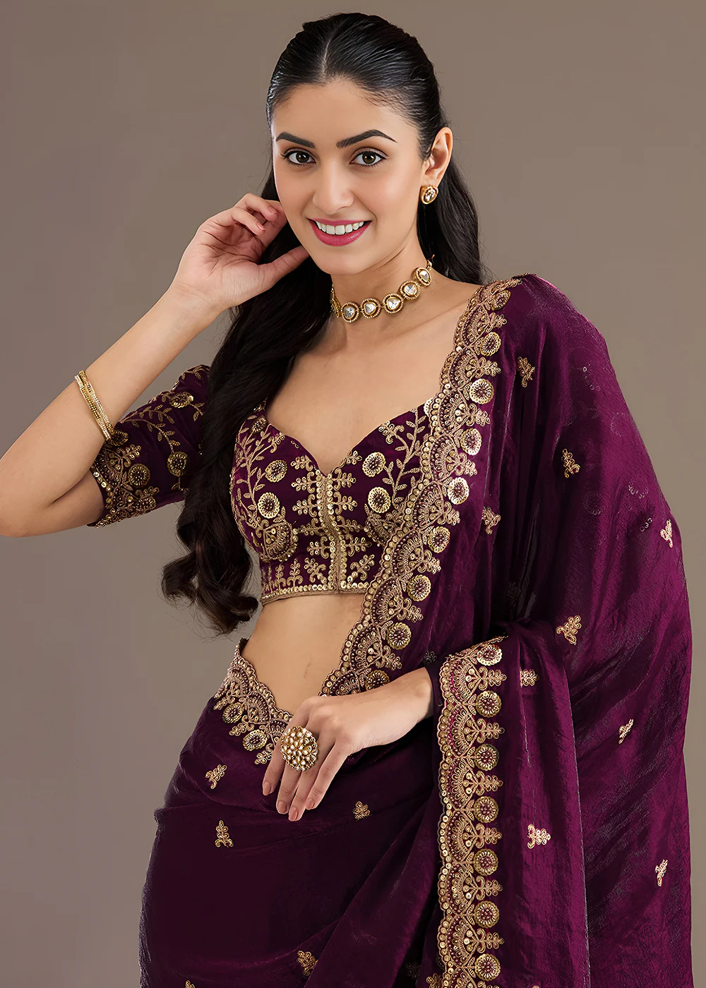Wine Multiple Sequins Embroidered Wedding Saree - Image 2