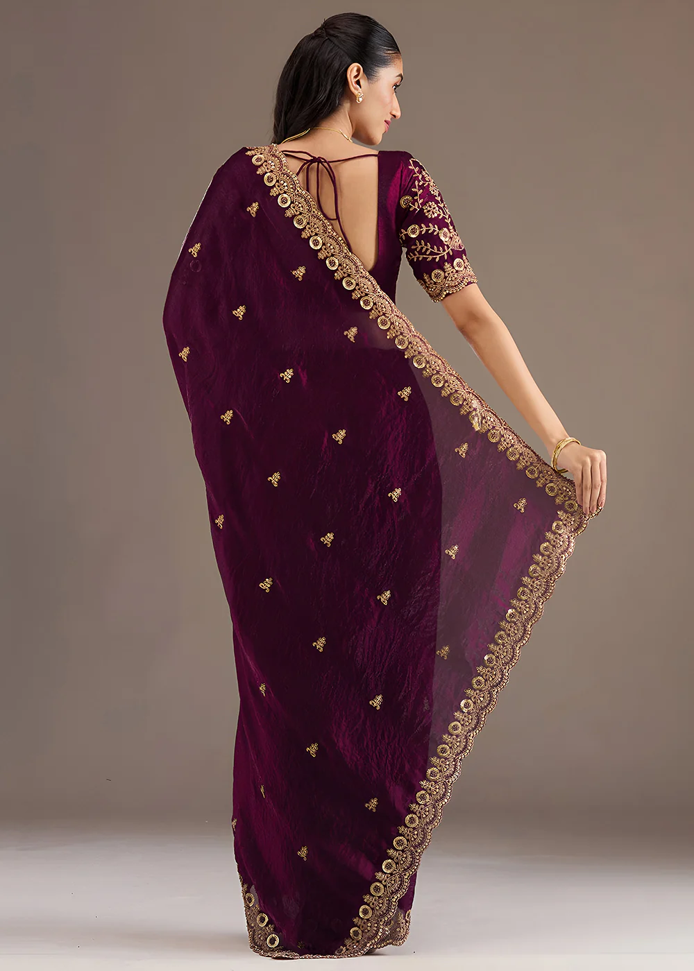 Wine Multiple Sequins Embroidered Wedding Saree - Image 3