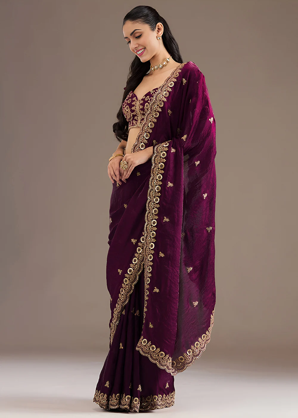 Wine Multiple Sequins Embroidered Wedding Saree - Image 4