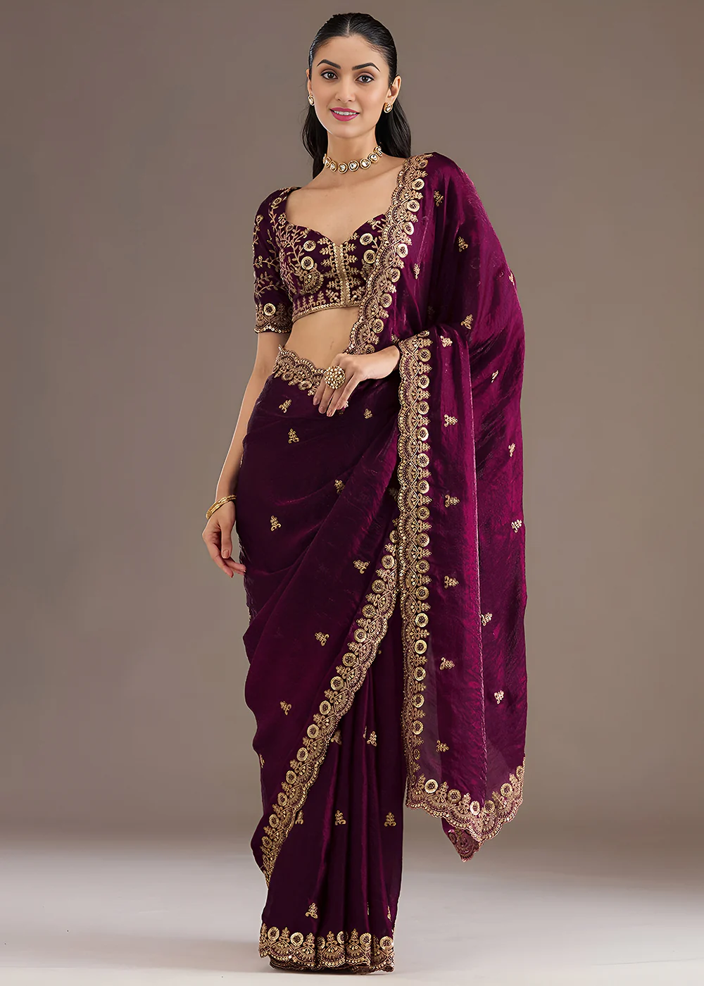 Wine Multiple Sequins Embroidered Wedding Saree - Image 5