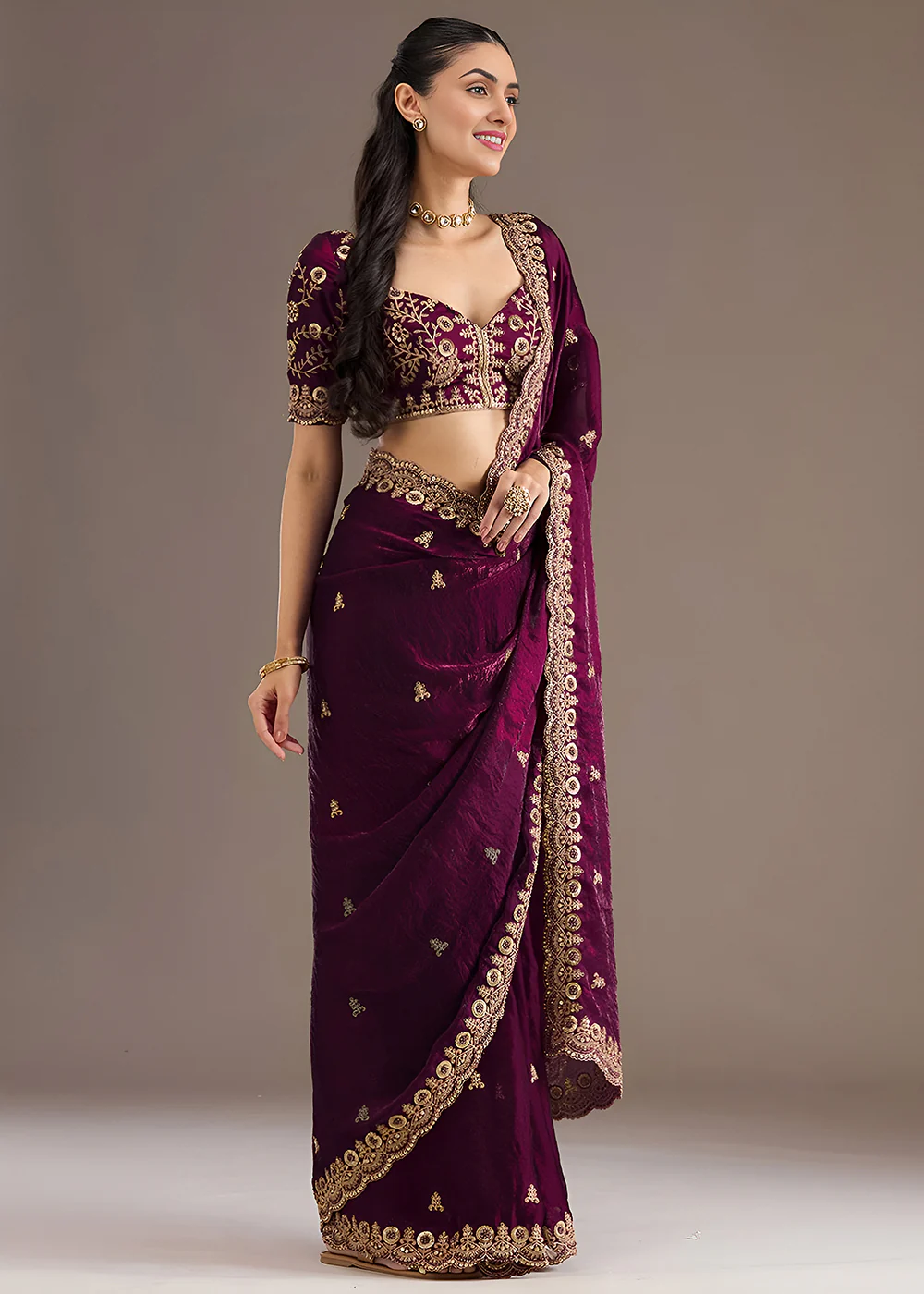 Wine Multiple Sequins Embroidered Wedding Saree - Image 6