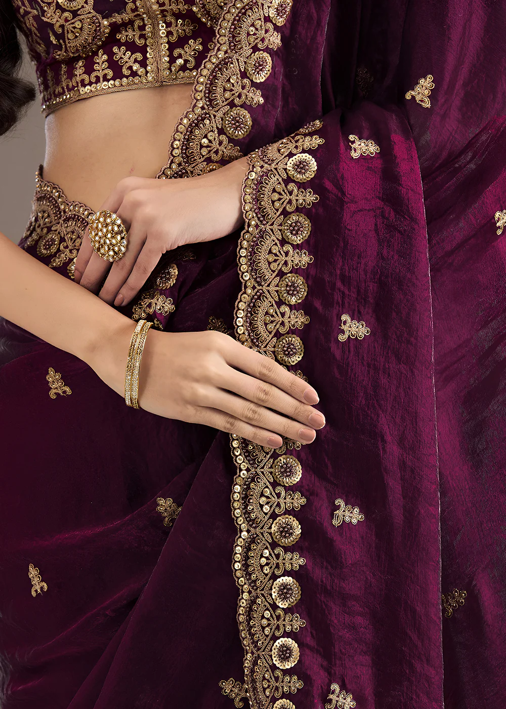 Wine Multiple Sequins Embroidered Wedding Saree - Image 7