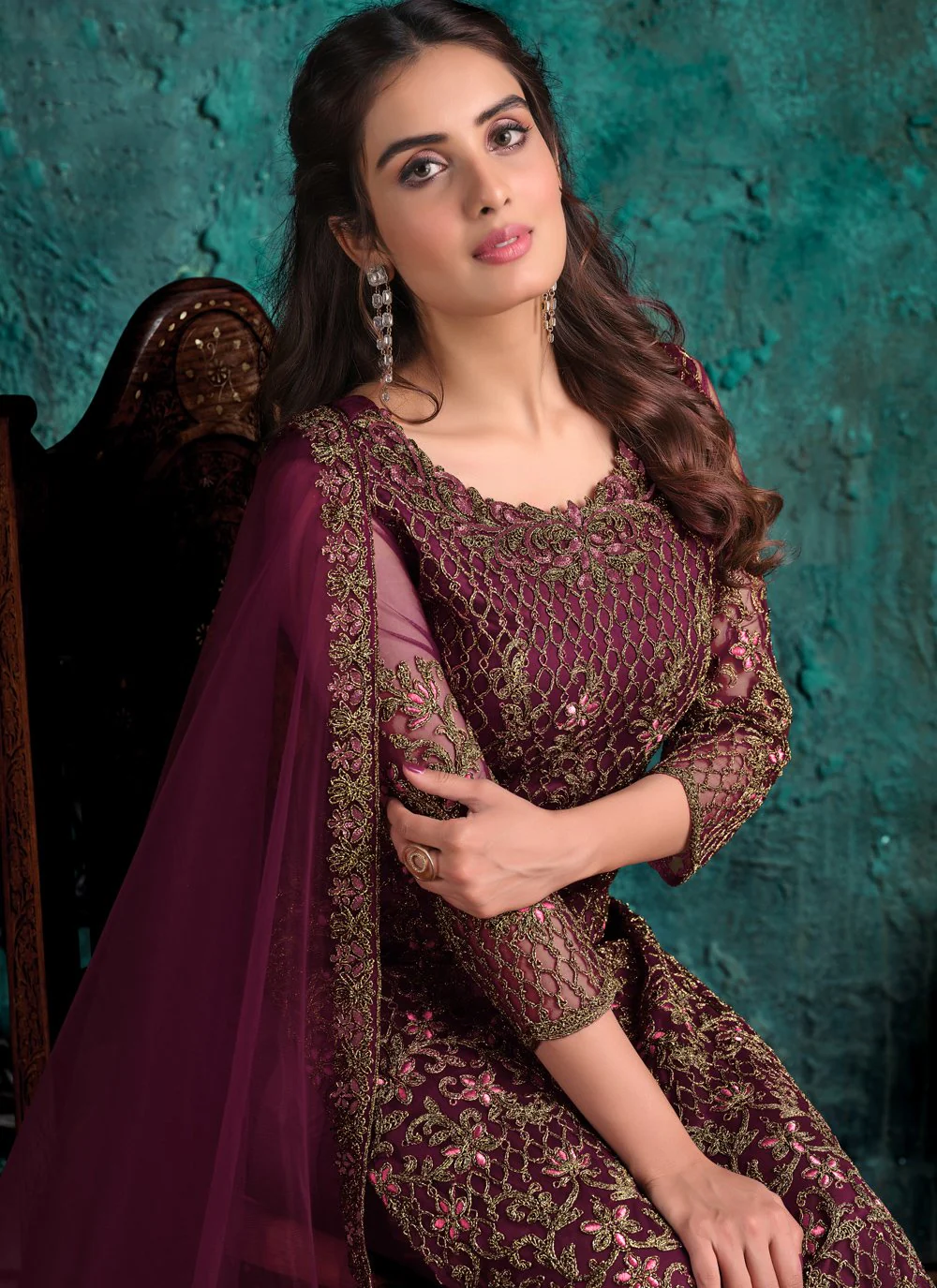 Wine Net Designer Fancy Pakistani Style Suit - Image 2