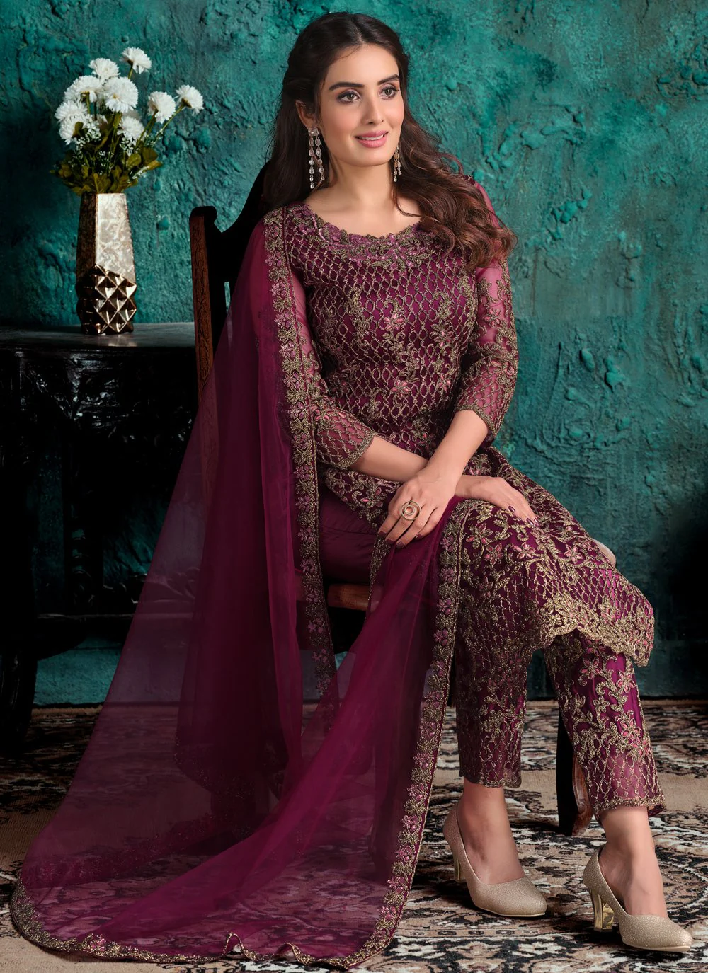 Wine Net Designer Fancy Pakistani Style Suit - Image 3