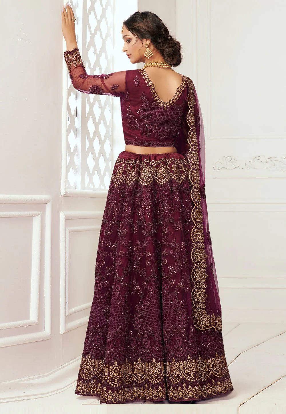 Wine Net Embroidered Wedding Lehenga Choli - Image 3