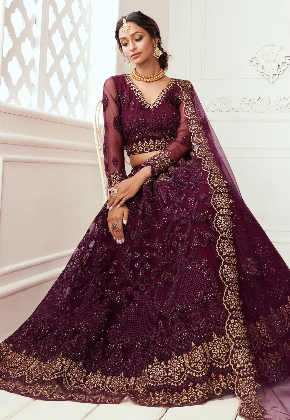 Wine Net Embroidered Wedding Lehenga Choli - Image 4