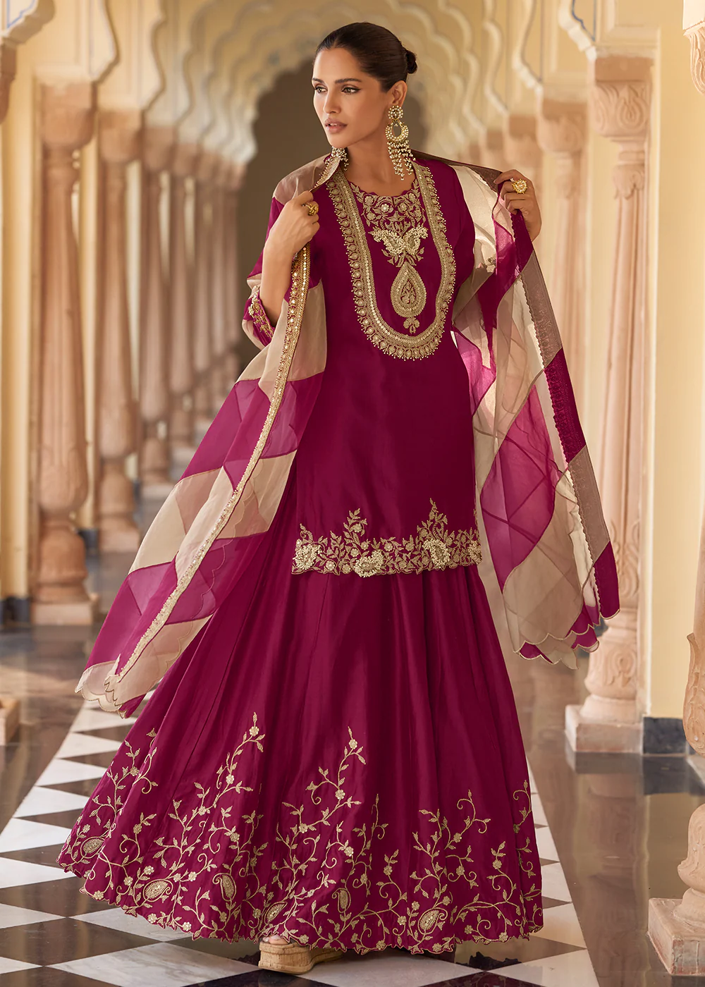 Wine Premium Chinnon Silk Festive Wear Sharara Suit