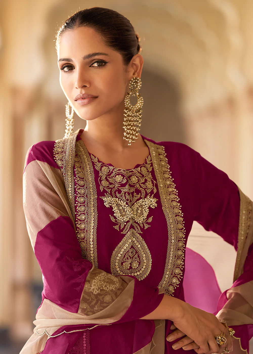 Wine Premium Chinnon Silk Festive Wear Sharara Suit - Image 2