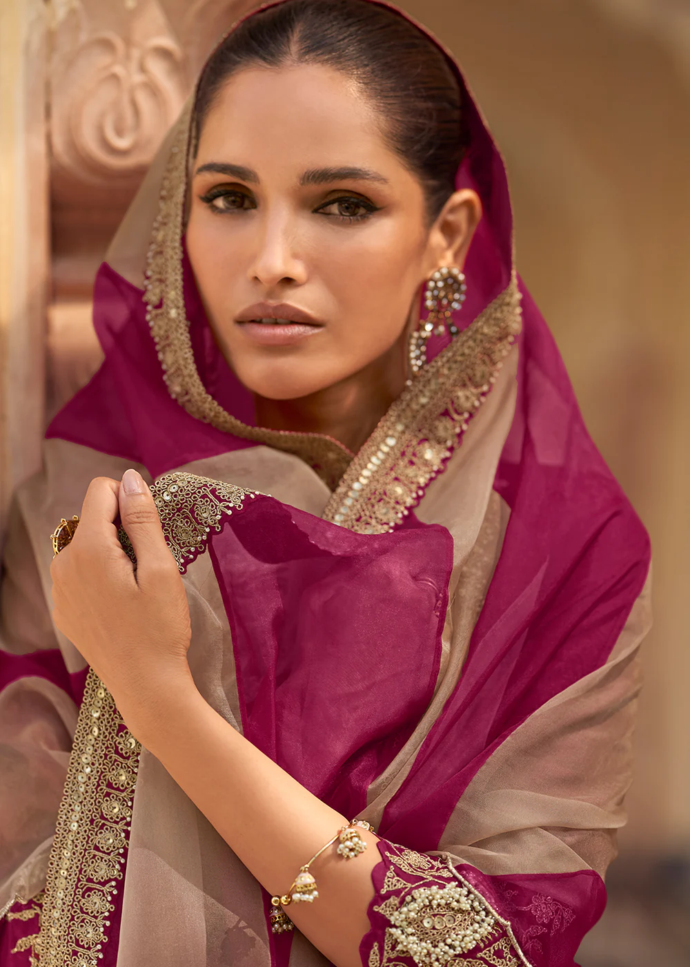 Wine Premium Chinnon Silk Festive Wear Sharara Suit - Image 3