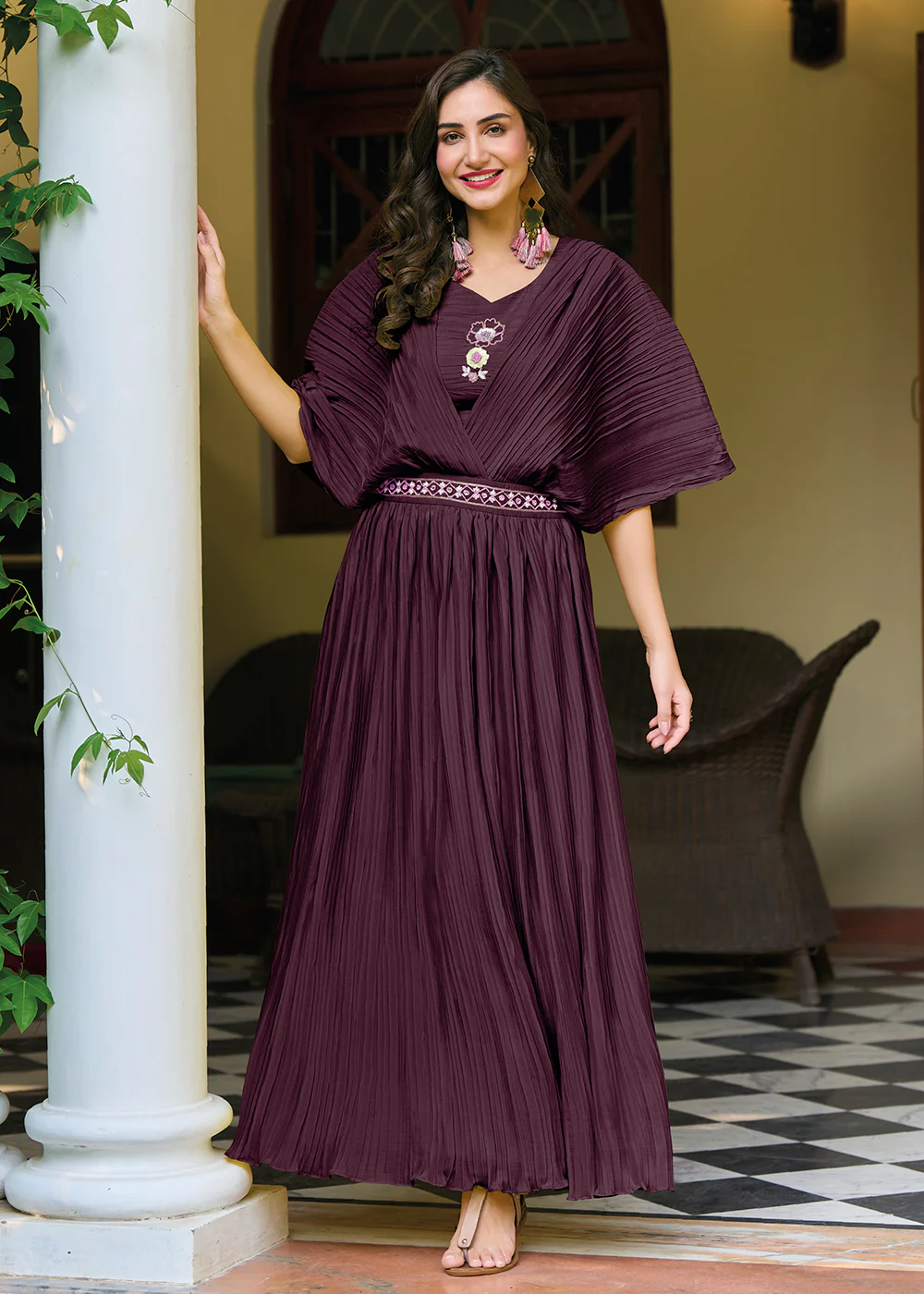 Wine Purple Chinon Party Wear Crushed Gown
