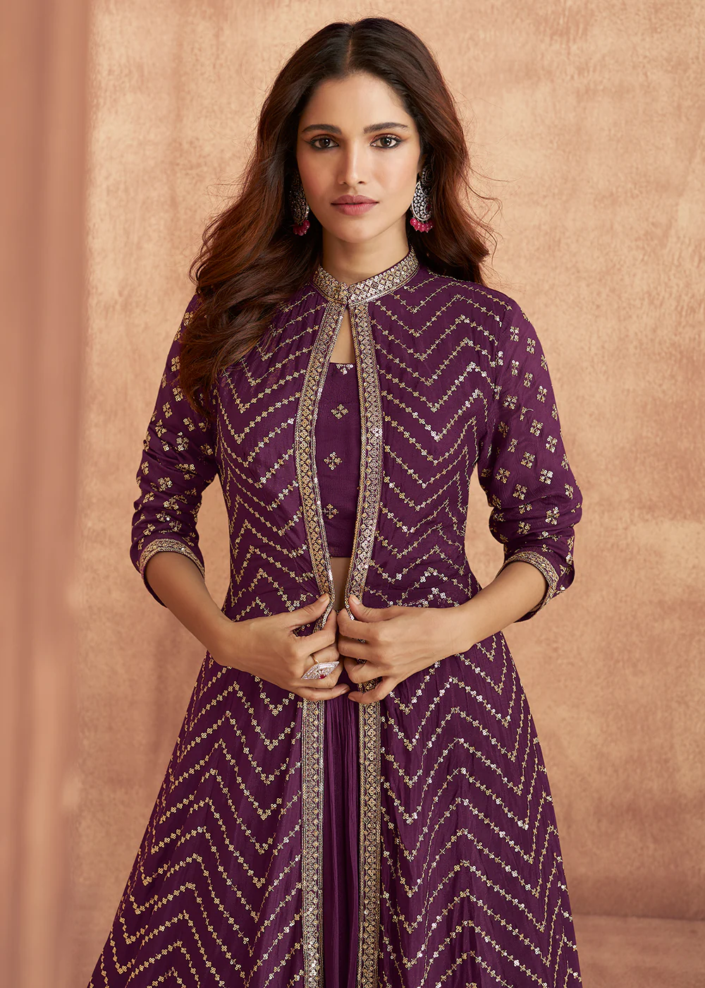 Wine Purple Dola Silk Party Wear Lehenga Choli with Jacket - Image 2