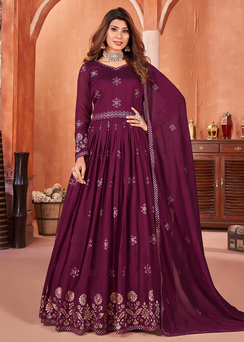Wine Purple Festive Embroidered Art Silk Anarkali Suit