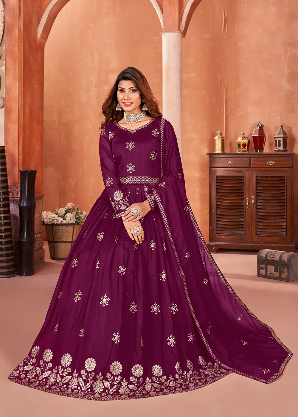 Wine Purple Festive Embroidered Art Silk Anarkali Suit - Image 4