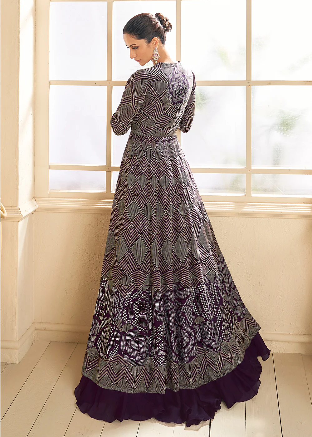 Wine Purple Jacket Style Wedding Party Lehenga Skirt Suit - Image 3