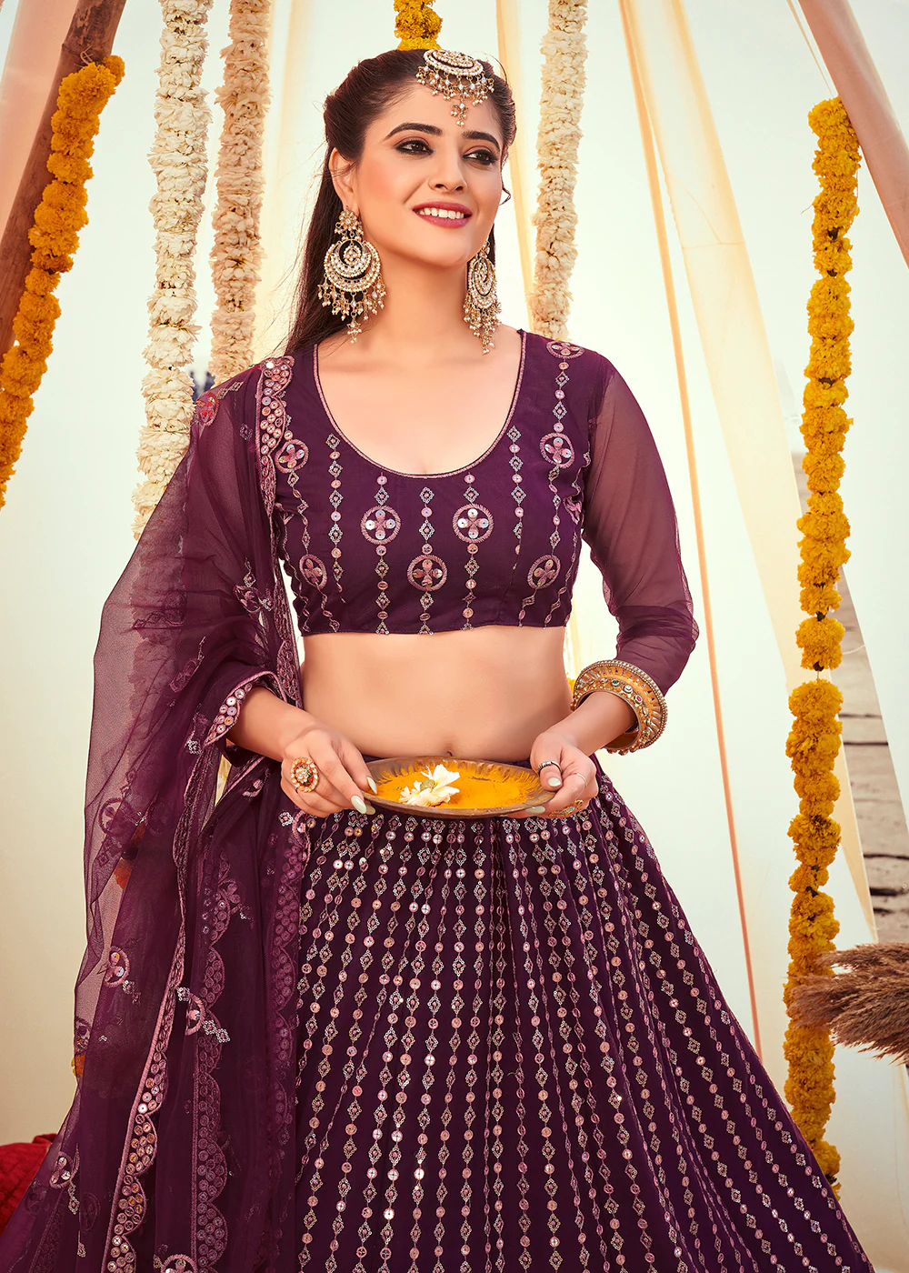 Wine Purple Sequined Wedding Function Wear Lehenga Choli - Image 4