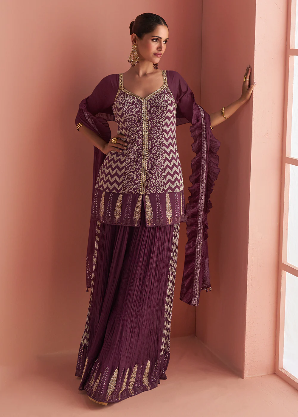Wine Purple Short Shirt Style Trendy Palazzo Suit