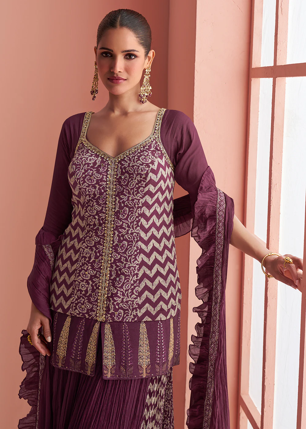 Wine Purple Short Shirt Style Trendy Palazzo Suit - Image 2