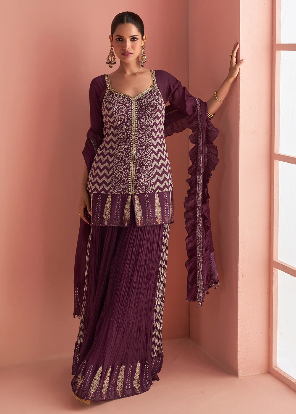 Wine Purple Short Shirt Style Trendy Palazzo Suit - Image 3