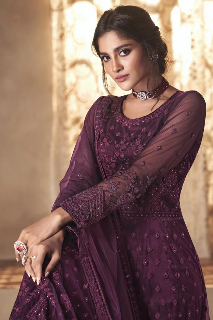 Wine Purple Wedding Thread Embroidered Anarkali Suit - Image 2