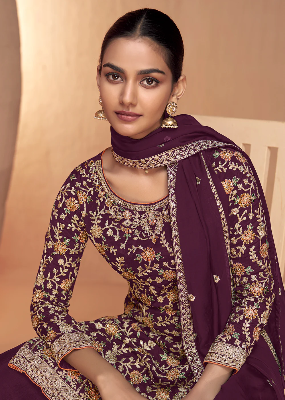 Wine Real Chinnon Embroidered Wedding Festive Palazzo Suit - Image 2