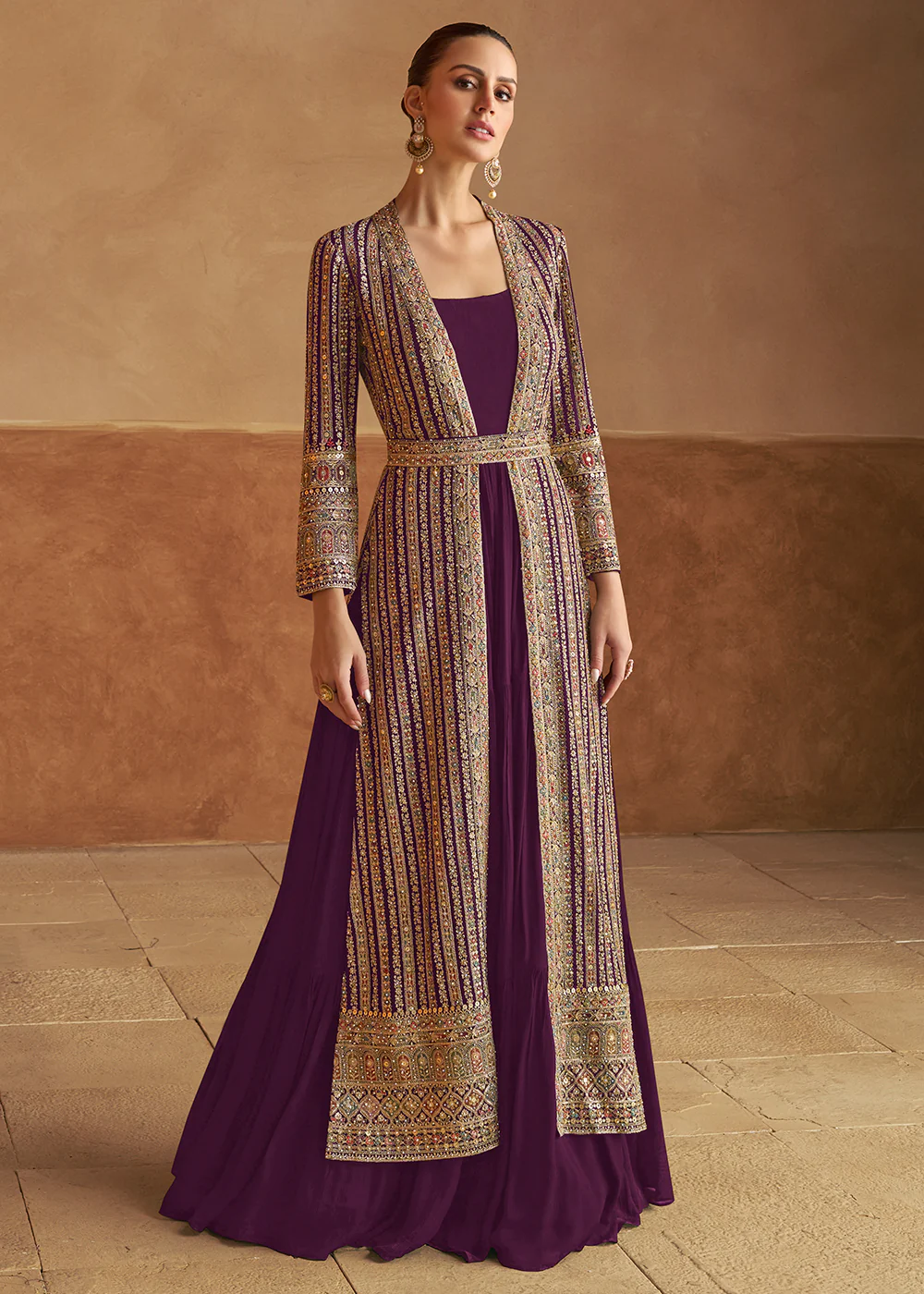 Wine Real Georgette Jacket Style Anarkali Dress