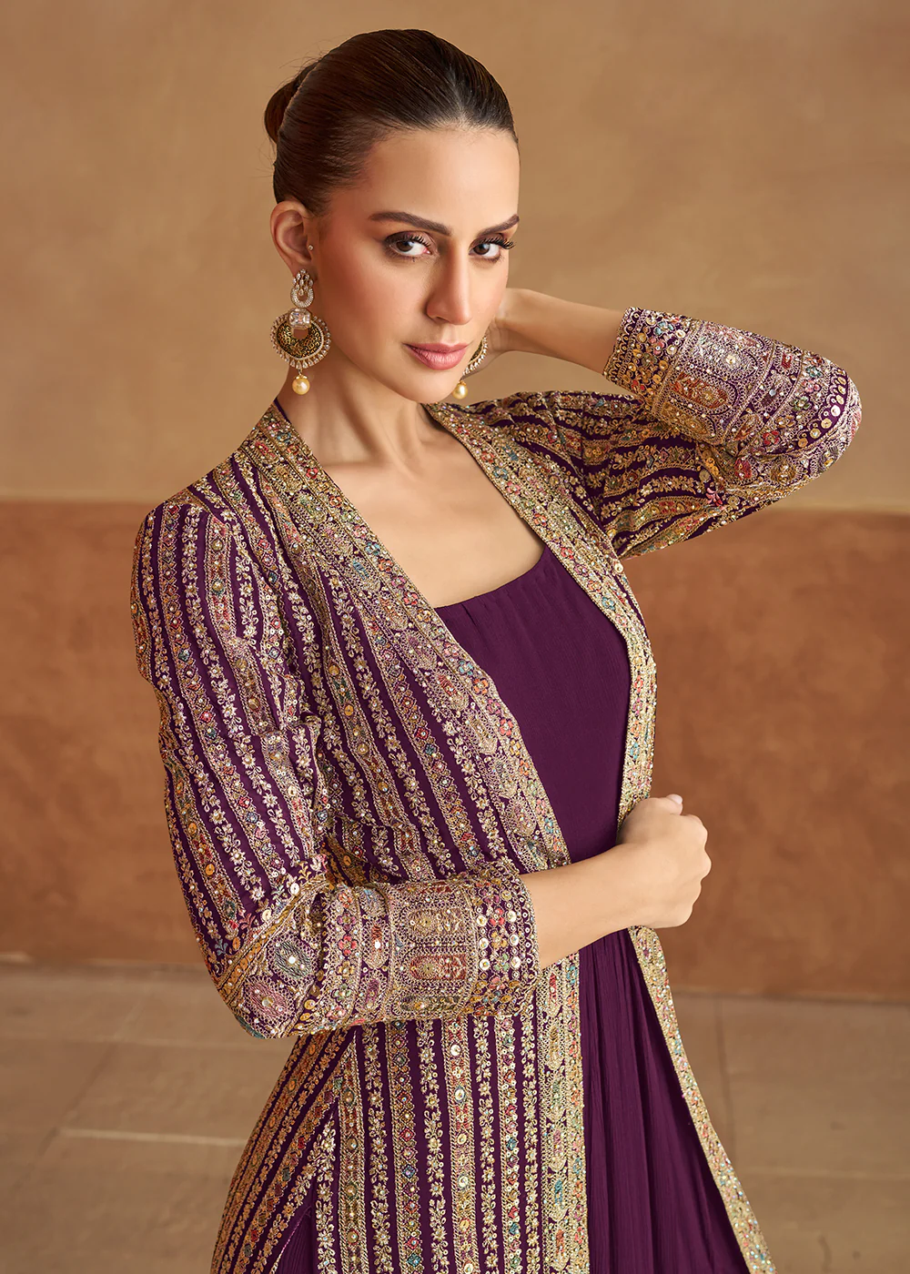 Wine Real Georgette Jacket Style Anarkali Dress - Image 2