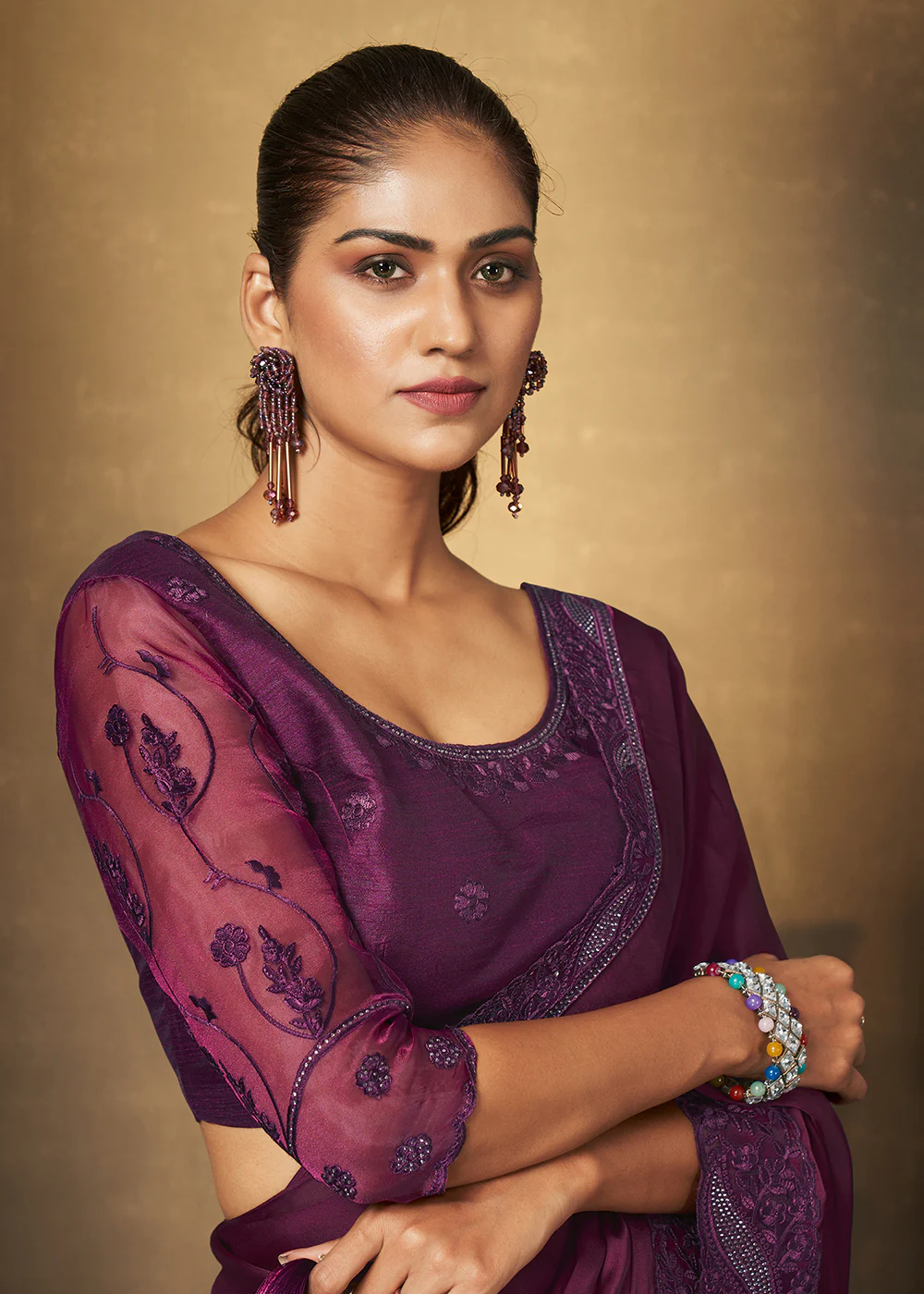 Wine Satin Silk Swarovski Embroidered Designer Saree - Image 2