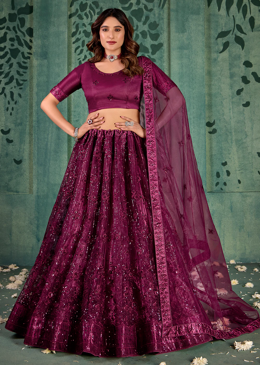 Wine Sequins Embroidered Net Lehenga Choli