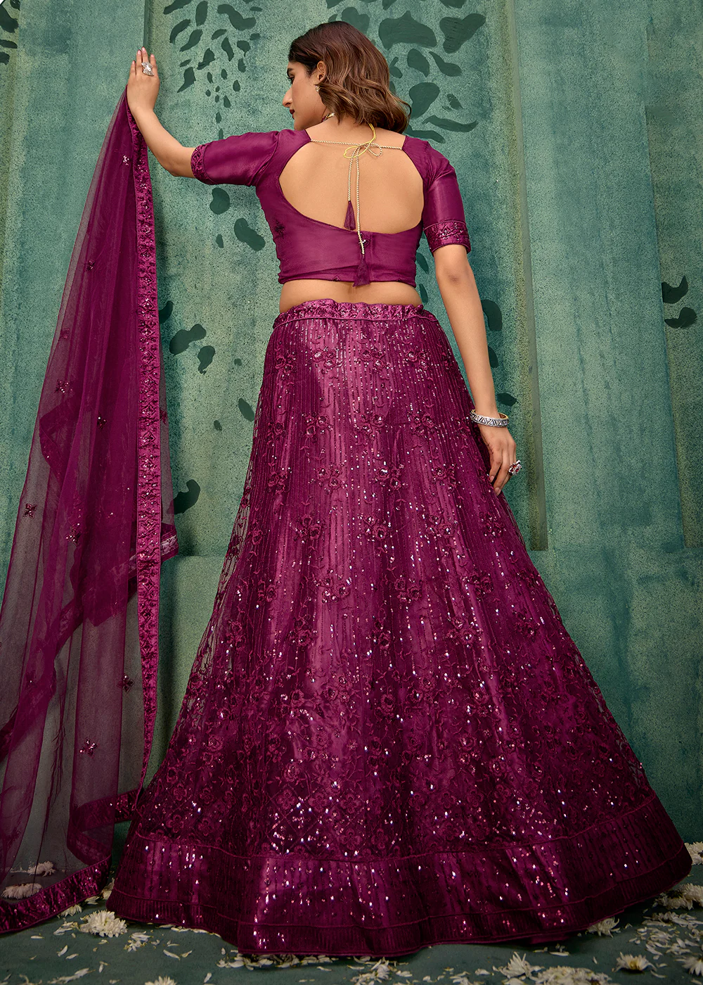 Wine Sequins Embroidered Net Lehenga Choli - Image 3