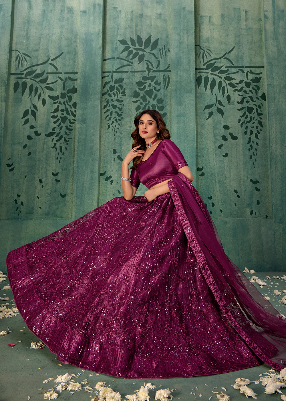 Wine Sequins Embroidered Net Lehenga Choli - Image 4